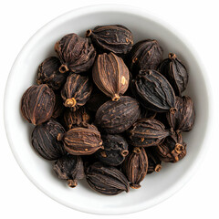 Aromatic Spices: A captivating high-angle composition unveils a collection of whole black cardamom pods nestled within a pristine white ceramic bowl, each one a treasure of culinary flavor.