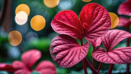 Bright red leaves of a plant with blurred lights in the background. Nature and plant life, botanical, floral. The concept of flora and natural beauty.