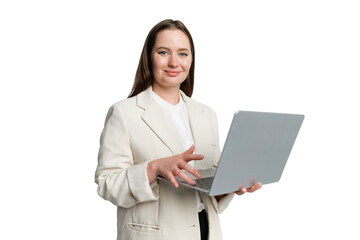 Professional woman engages with laptop in a modern office environment, showcasing digital skills...