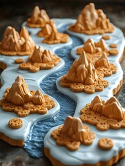 Fototapeta premium A whimsical edible landscape featuring mountain shaped cookies and a blue river made of icing detail