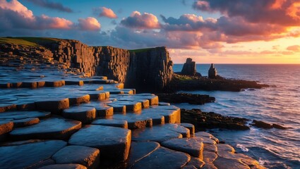 Coast of Ireland at sunset with cliffs and basalt columns, scenic landscape, natural beauty, geology, coastal erosion, and sunset colors.