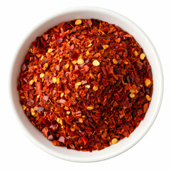 Fiery Chili Flakes in a Bowl: A vibrant, close-up shot highlights a bowl of coarsely crushed red chili flakes, the fiery essence of culinary excitement.