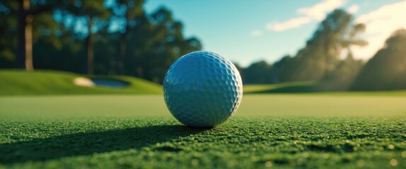 A golf ball on the putting green with trees and blue sky in the background.