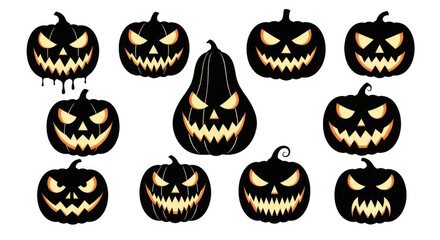 Halloween pumpkins with carved faces isolated on transparent background