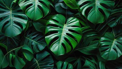 Lush green Monstera leaves pattern, tropical foliage, dense plant leaves, exotic leaf texture, vibrant natural background.