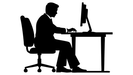 Silhouette of man working on computer at desk office worker vector illustration