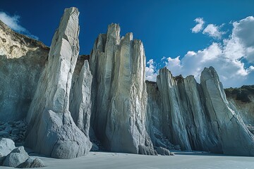 The registration photo of the crystalline rock formations is shot horizontally at a low angle