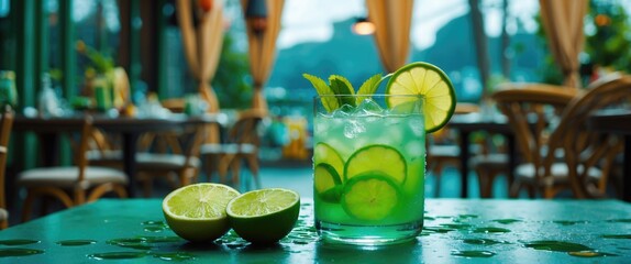 A refreshing lime drink with lime slices and halved limes on a wet table at an outdoor restaurant or bar setting.