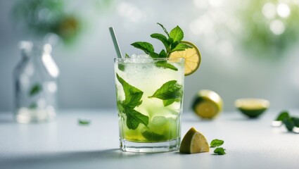 A refreshing mojito in a glass with mint leaves, lemon slices, and ice, placed on a light-colored surface with a blurred background.