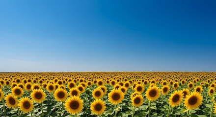 Obraz premium A vast sunflower field stretches under a vibrant blue sky.