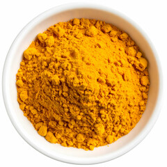 Turmeric Powder in a Bowl: Capturing a vibrant top-down view of golden-hued turmeric powder elegantly displayed in a pristine white bowl.