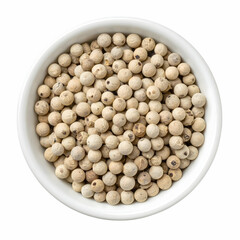 Bowl of White Pepper: A close-up shot presents a pristine bowl brimming with whole white peppercorns, emphasizing their texture and form. The image evokes warmth.