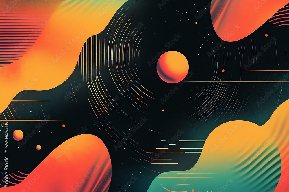 Poster retro sci-fi space background with planets and abstract shapes in orange and teal colors