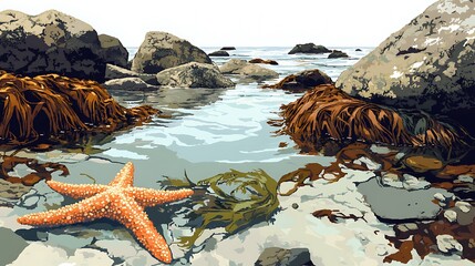 Seashore Starfish: A striking starfish lies near a clear shallow of seawater, with seaweed and rocks. The light-filled, serene scene evokes tranquility. 