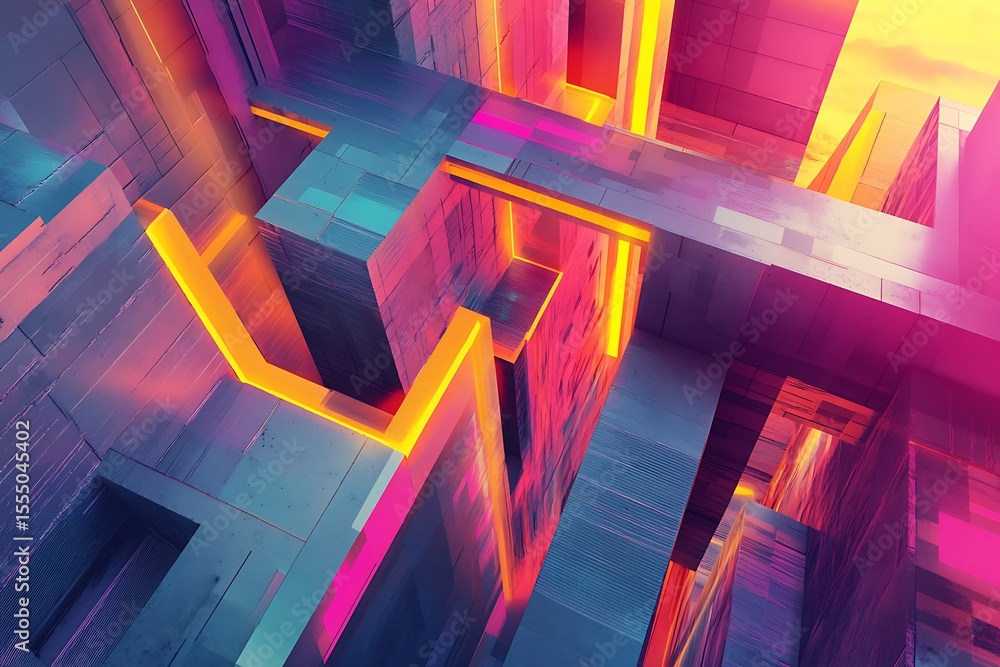 Poster abstract geometric architecture with vibrant neon lights and futuristic design elements