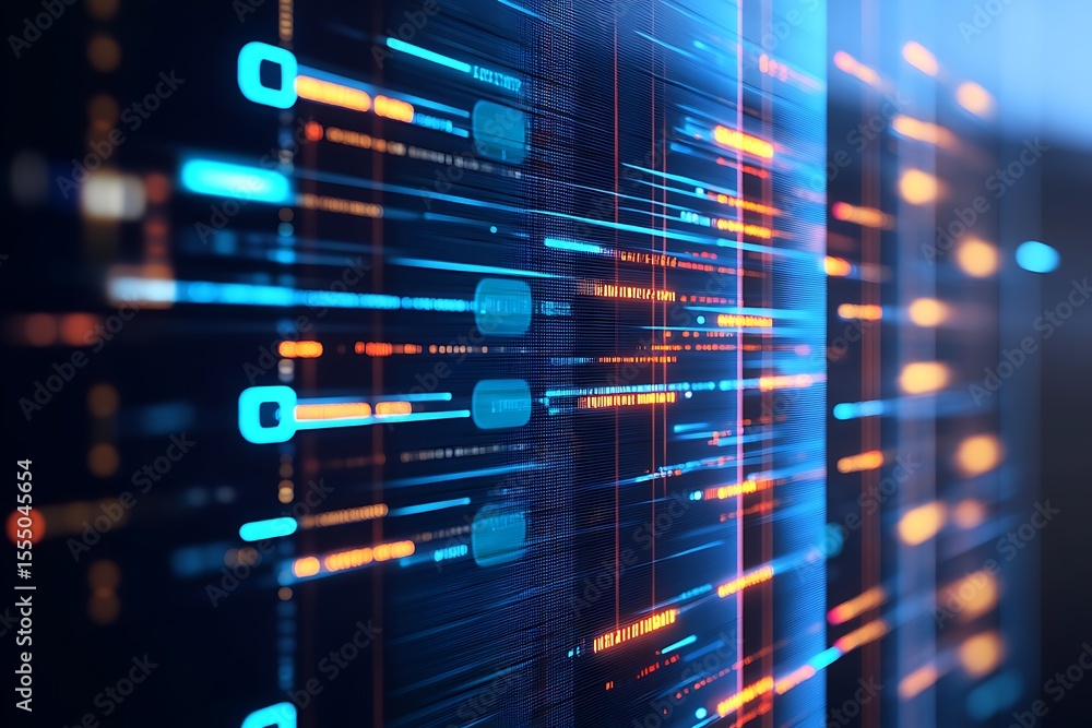 Poster abstract server data processing visualization with blue and orange light streaks