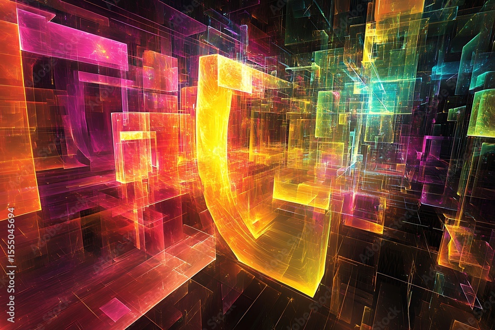 Poster abstract geometric composition of colorful translucent blocks with vibrant light effects