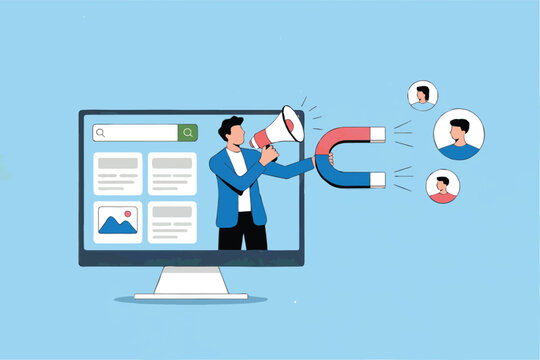 Flat cartoon vector illustration of a man attracting customers with a magnet isolated on transparent background