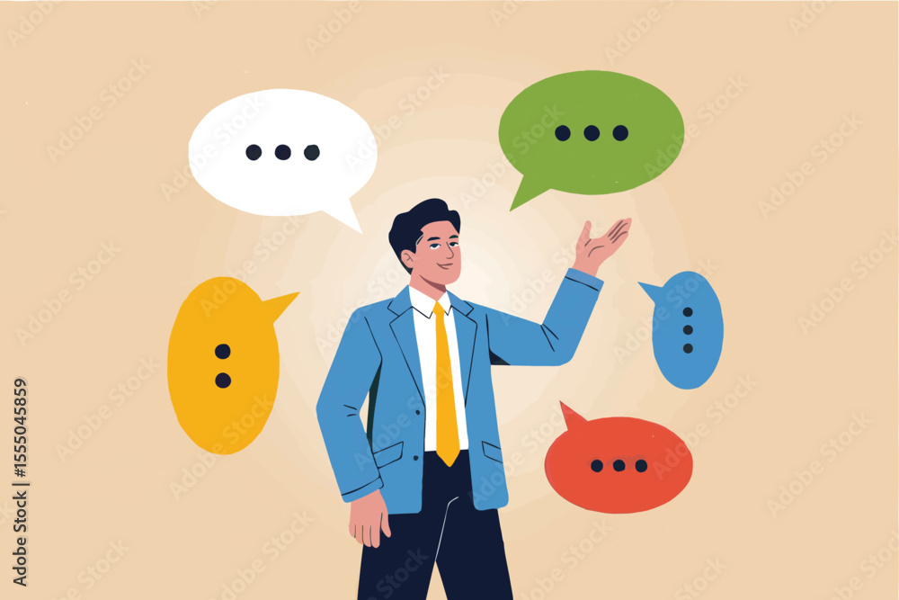Poster man with speech bubbles isolated on transparent background