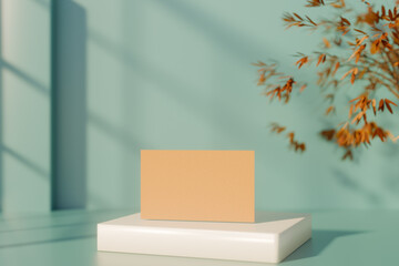Blank cardboard card on white platform with autumn leaves, minimalistic fall decor. 3d rendering