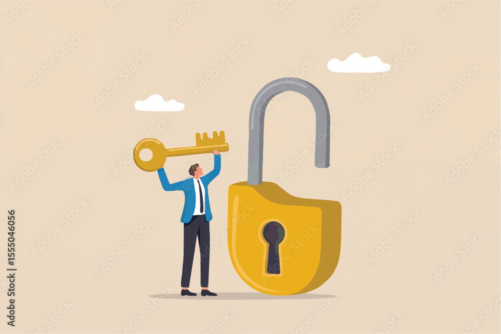 Poster man holding a key to unlock a padlock isolated on transparent background