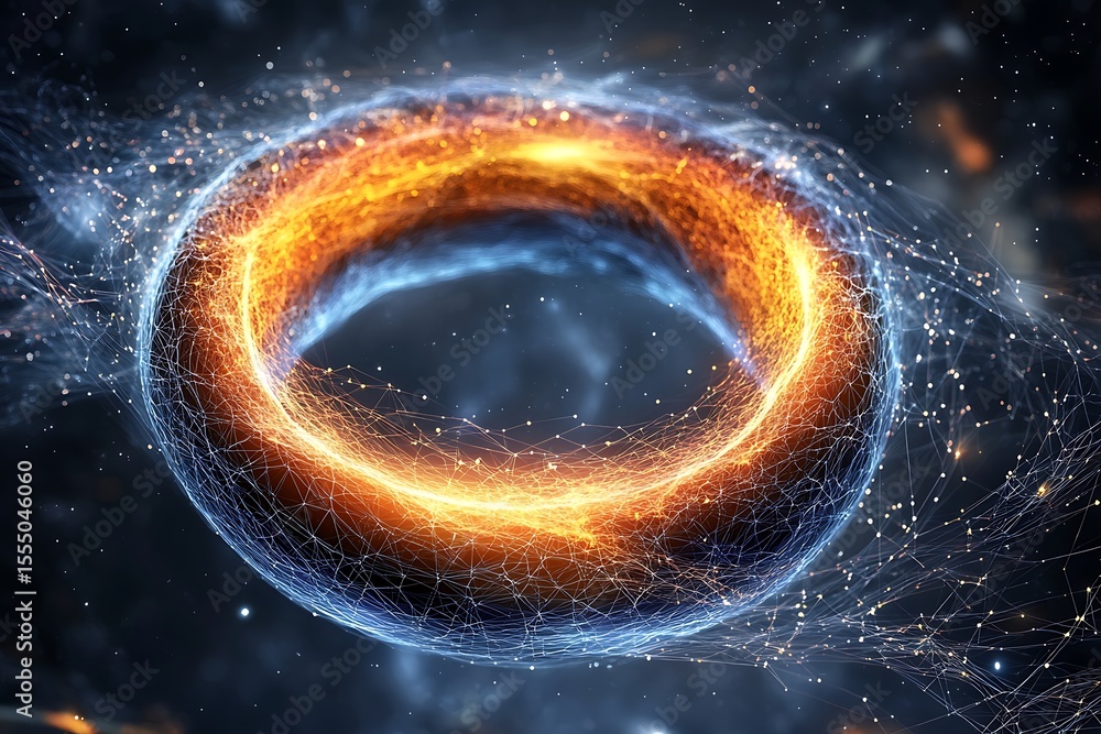 Aufkleber abstract torus with glowing particles and network connections for technology visualization