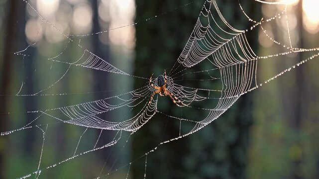 Spider rests on delicate spider web while sunrise paints forest glow spider lines with dew sparkle spider silently frames tranquil scene concept mindfulness in nature