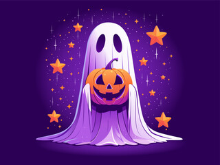 Happy Halloween greeting card with ghost. Cartoon ghosted spirit. Pumpkin ghost. Funny spirit. Holiday cute ghost cartoon character. Friendly ghost. Spooky phantom flying. Purple background. Vector