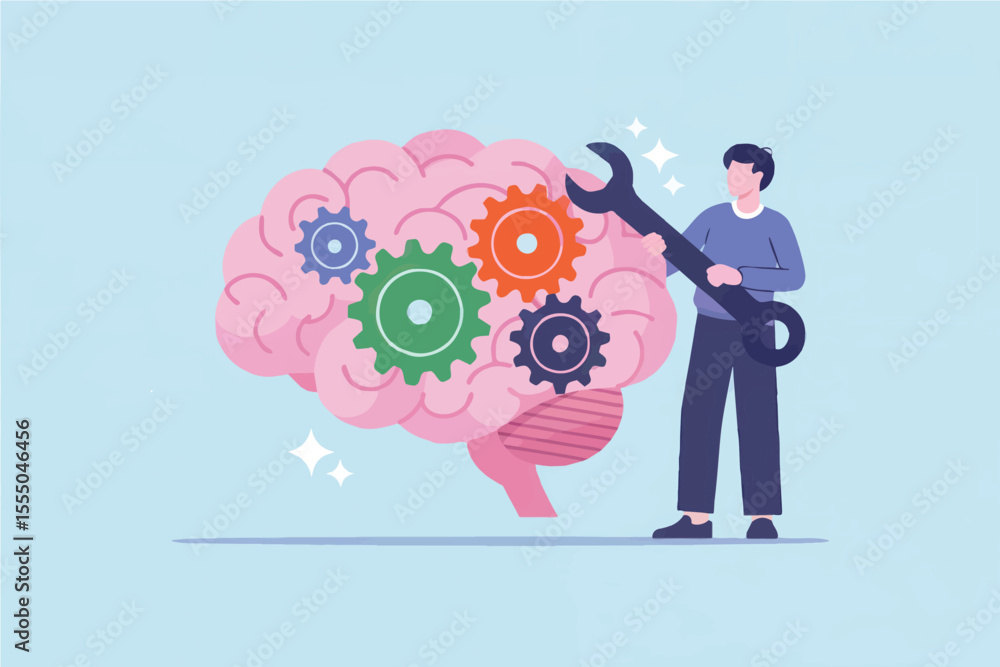 Aufkleber man fixing brain with gears and wrench isolated on transparent background