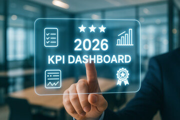 2026 KPI dashboard interface with business hand selecting virtual performance icons, concept of corporate analytics, goal tracking, and business metrics visualization in modern office