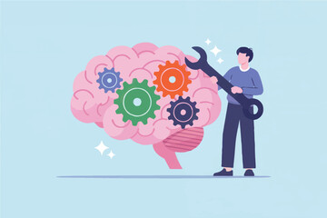 Man fixing brain with gears and wrench isolated on transparent background