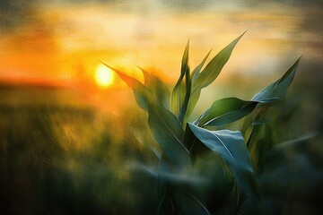 The sun sets behind the green leaves of corn, a close-up, macro photograph, with a vast farmland