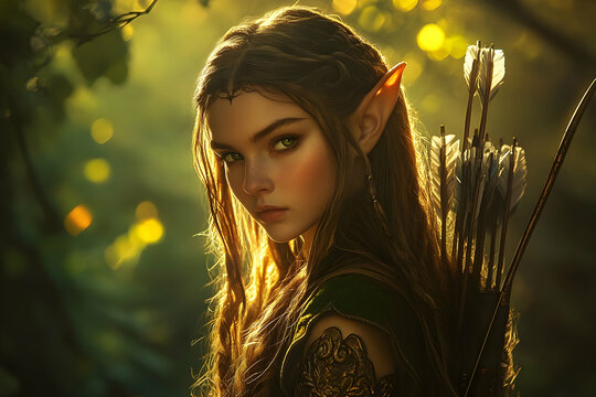 Young female elf archer in enchanted forest with quiver
