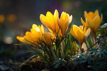 Yellow crocuses in soft focus with sunlight showing petals and green stems