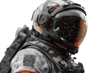 Astronaut in a high-tech space suit isolated on a planetary terrain during a space exploration mission