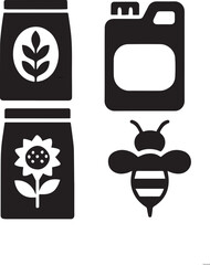 A stylized black and white icon collection representing agricultural commodities including seed bags, fertilizer containers, and honeybees, Agricultural Supplies Silhouette Icons for Organic Farming