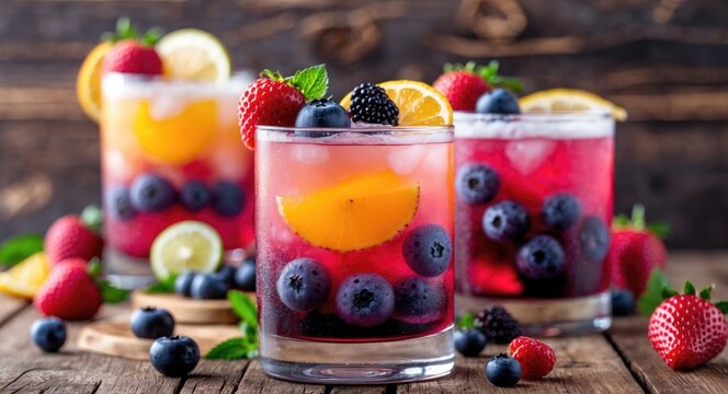 Colorful fruit drinks with berries and citrus slices on a rustic wooden table. Refreshing beverages featuring fresh fruit and vibrant colors.