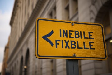 Yellow sign with INEBILE FIXBLLLE in blue arrow pointing left mounted on a gray post building in background