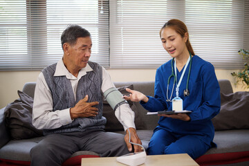 Elderly patient  receiving medical advice and support from a skilled healthcare worker.