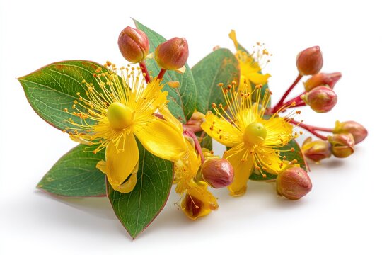 Yellow St Johns wort flowers with red buds and green leaves isolated on a white background