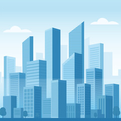Obraz premium Modern City Skyline Vector Illustration. Urban Landscape with Skyscrapers. Buildings and Street View in Monochrome Blue