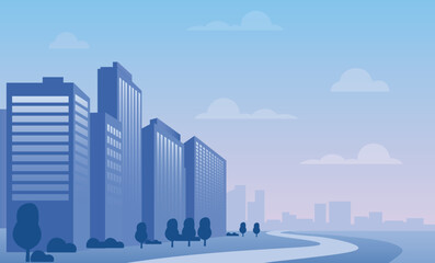 Modern Cityscape with Winding Road at Twilight Vector Art