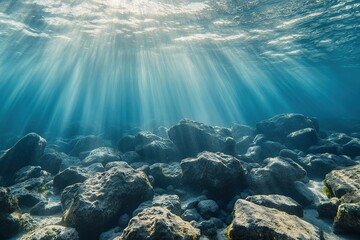 The sea is full of rocks, with the sun shining through clouds and mist upon them