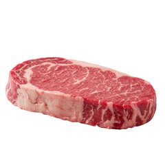 Obraz premium Close-up of a marbled steak on white background, highlighting texture and color. Ideal for butcher shops, restaurants, or recipe visuals.