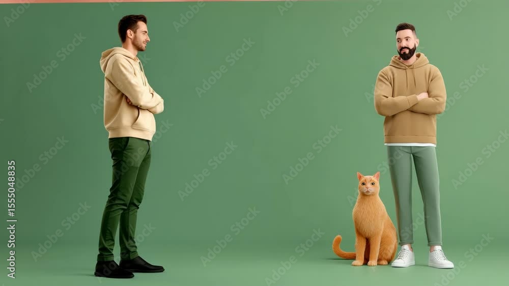 Poster man and cat on a solid color background