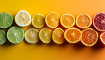 Sliced citrus fruits arranged in a row display vivid colors against a yellow to orange gradient backdrop, highlighting freshness.