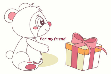 Fototapeta premium Cute teddy bear character holding a small gift box with a bow