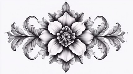 Monochrome pencil sketch of ornate floral design with central flower and swirling leaves.