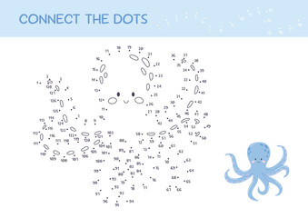 Dot to dot educational game for children. Cute cartoon octopus. Numbers game. Printable activity page for kids. Connect the dots and color. Vector illustration.