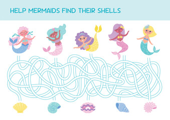 Children logic game to find path. Help mermaids find their shells. Educational game for kids. Funny cartoon characters. Worksheet page